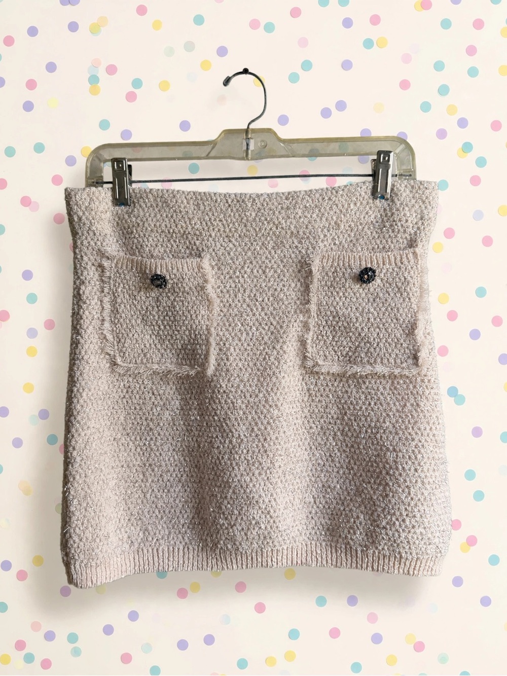 Zara Cream Knit Mini Skirt with Front Pockets and Tinsel